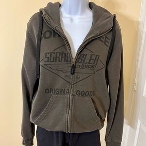 Women’s Ducati Scrambler zip hoodie with graphics, army green/olive color. S